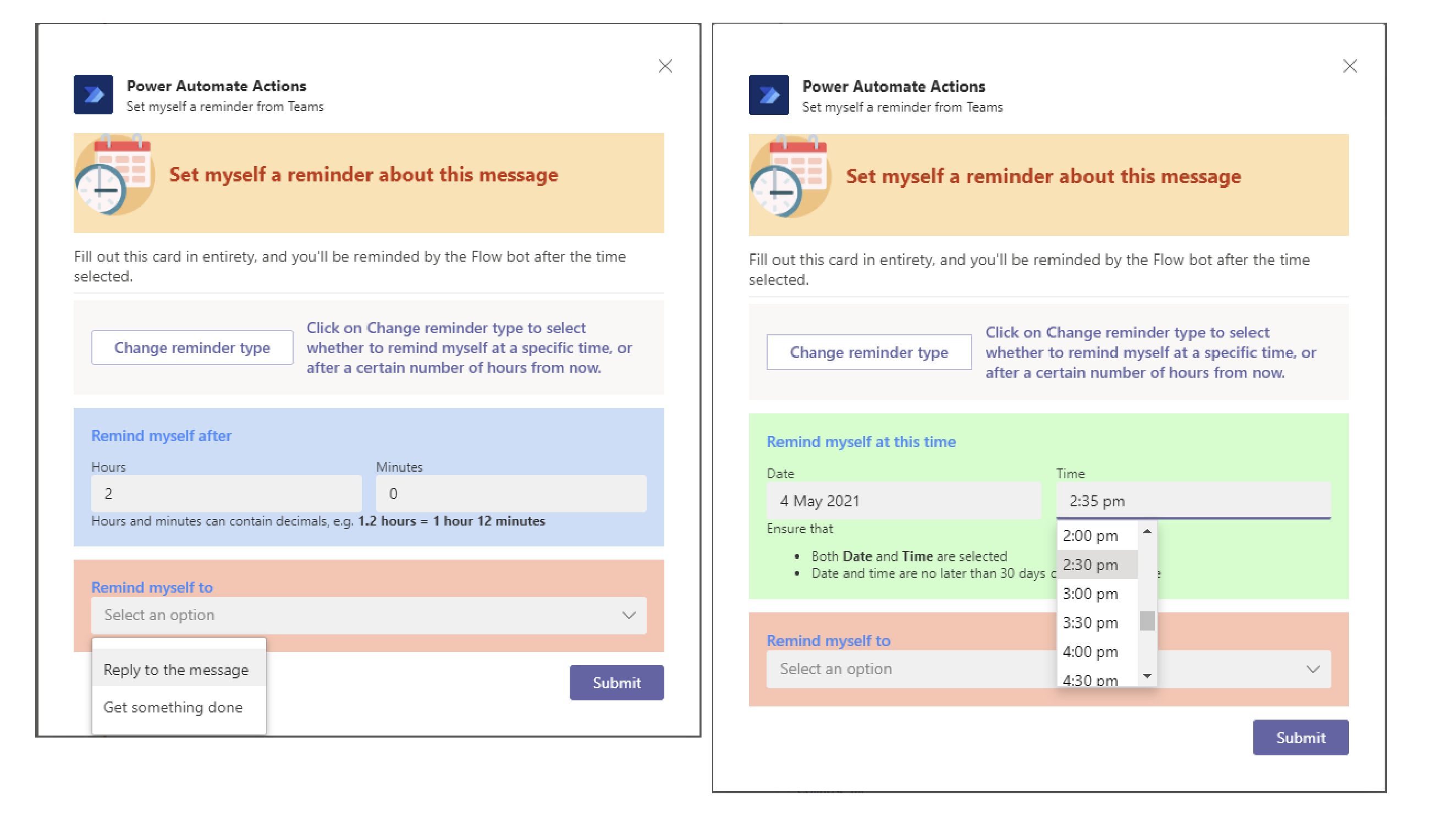 The reminder setting card can accept an hour/minute offset or absolute time as input